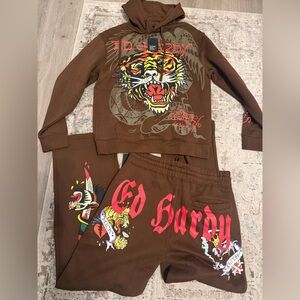 ED HARDY Panther Tiger Baggy Sweatpants Size M Cocoa Style with Hoodie Set